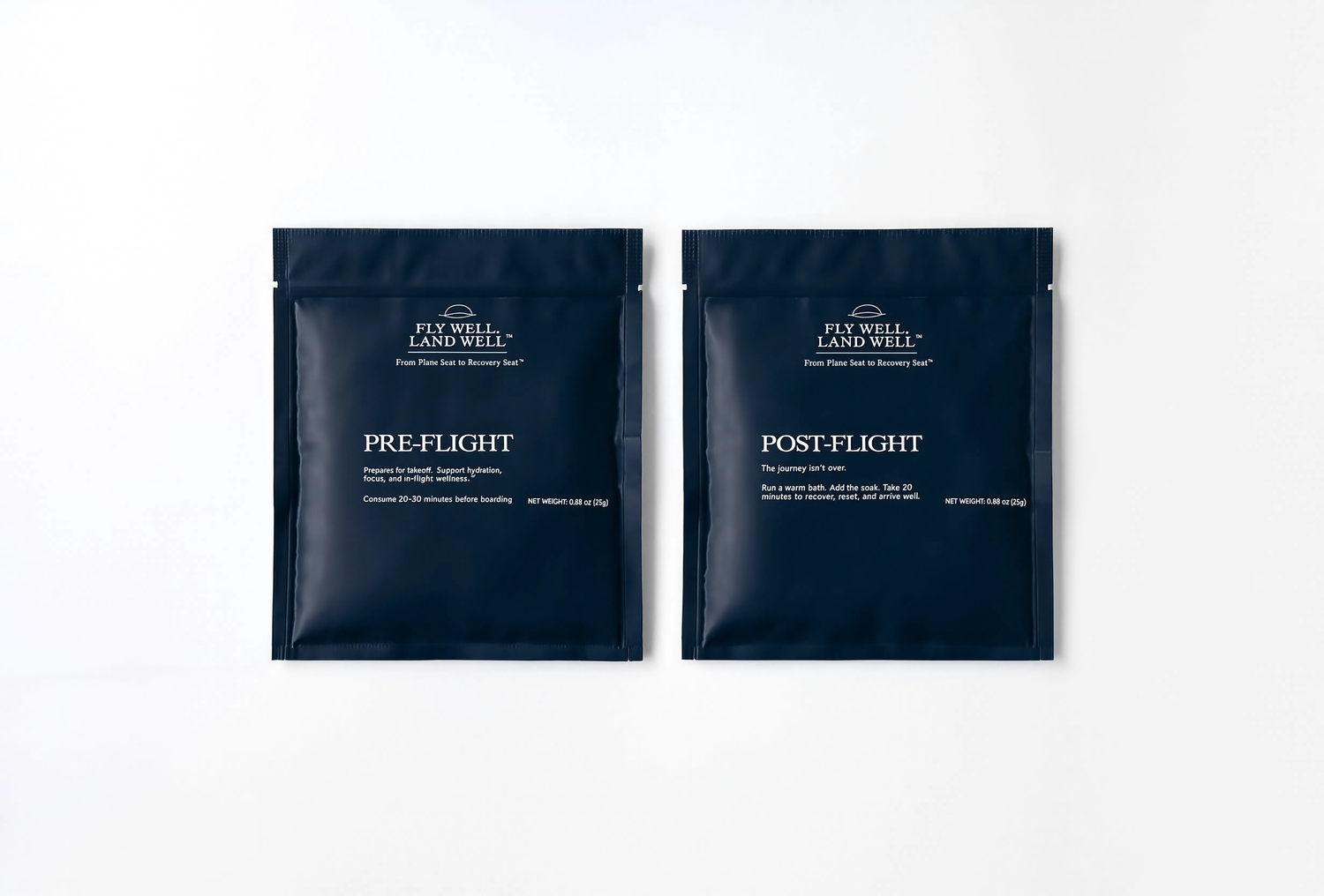 Two dark navy blue Fly Well Land Well pre- and post-flight sachets displayed side by side on a clean white background.