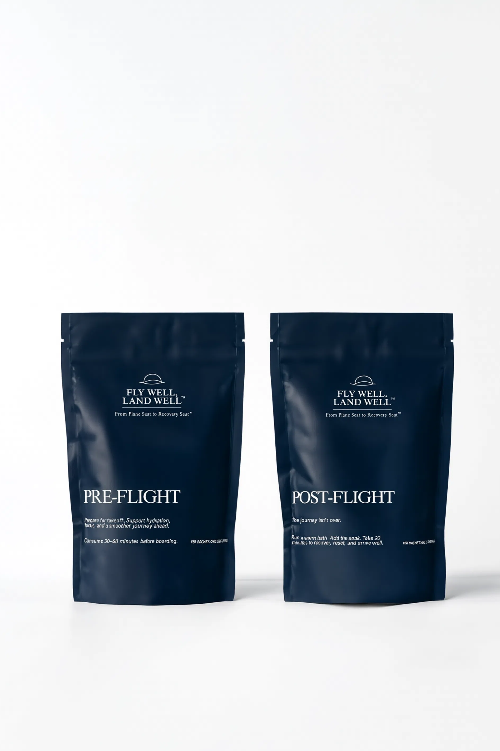 Two dark navy blue stand-up pouches of Pawnee Land Well Pre-Flight and Post-Flight supplements on a clean white background.