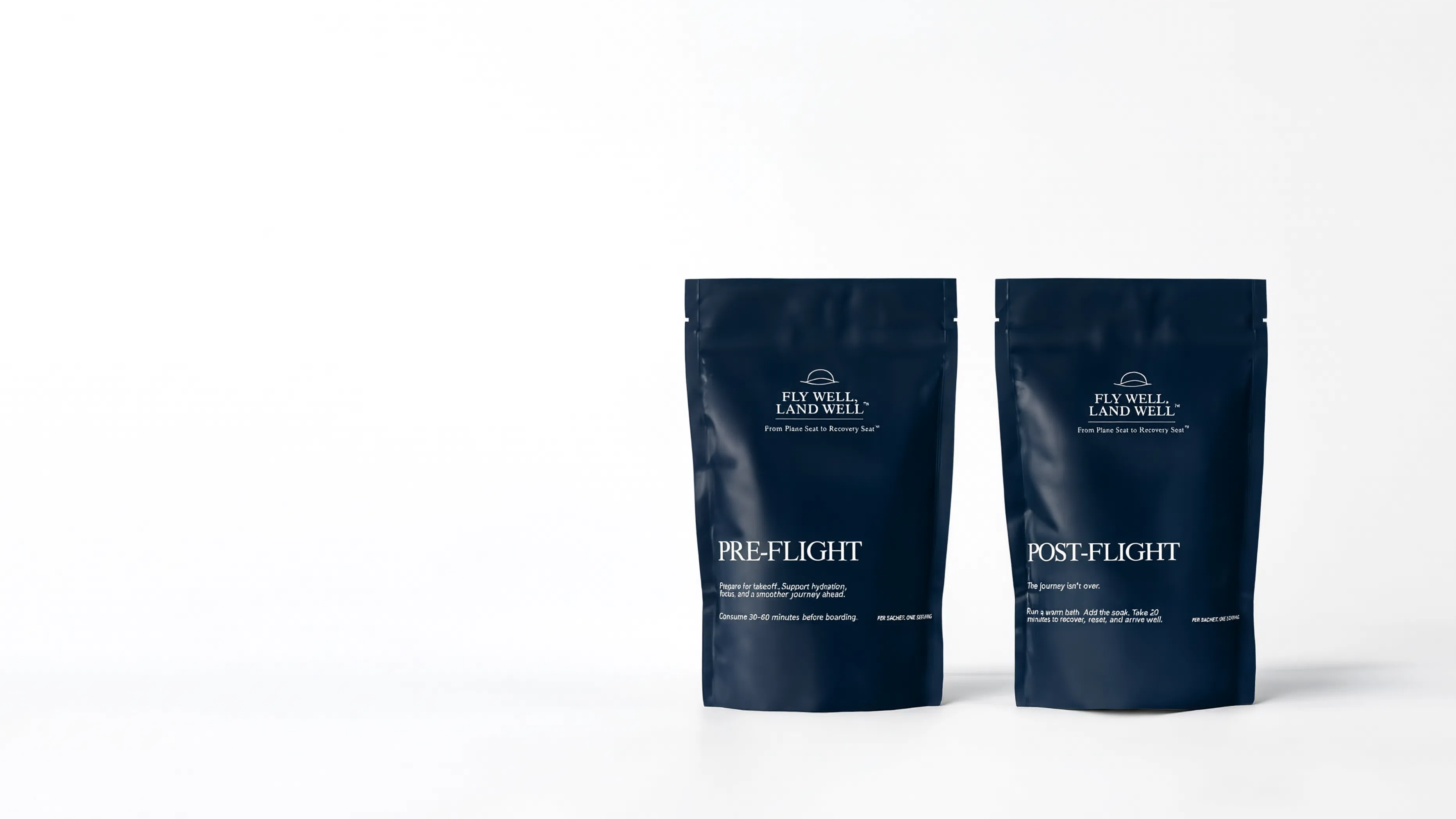Two dark navy blue stand-up pouches of Pawnee Land Well Pre-Flight and Post-Flight supplements on a clean white background.