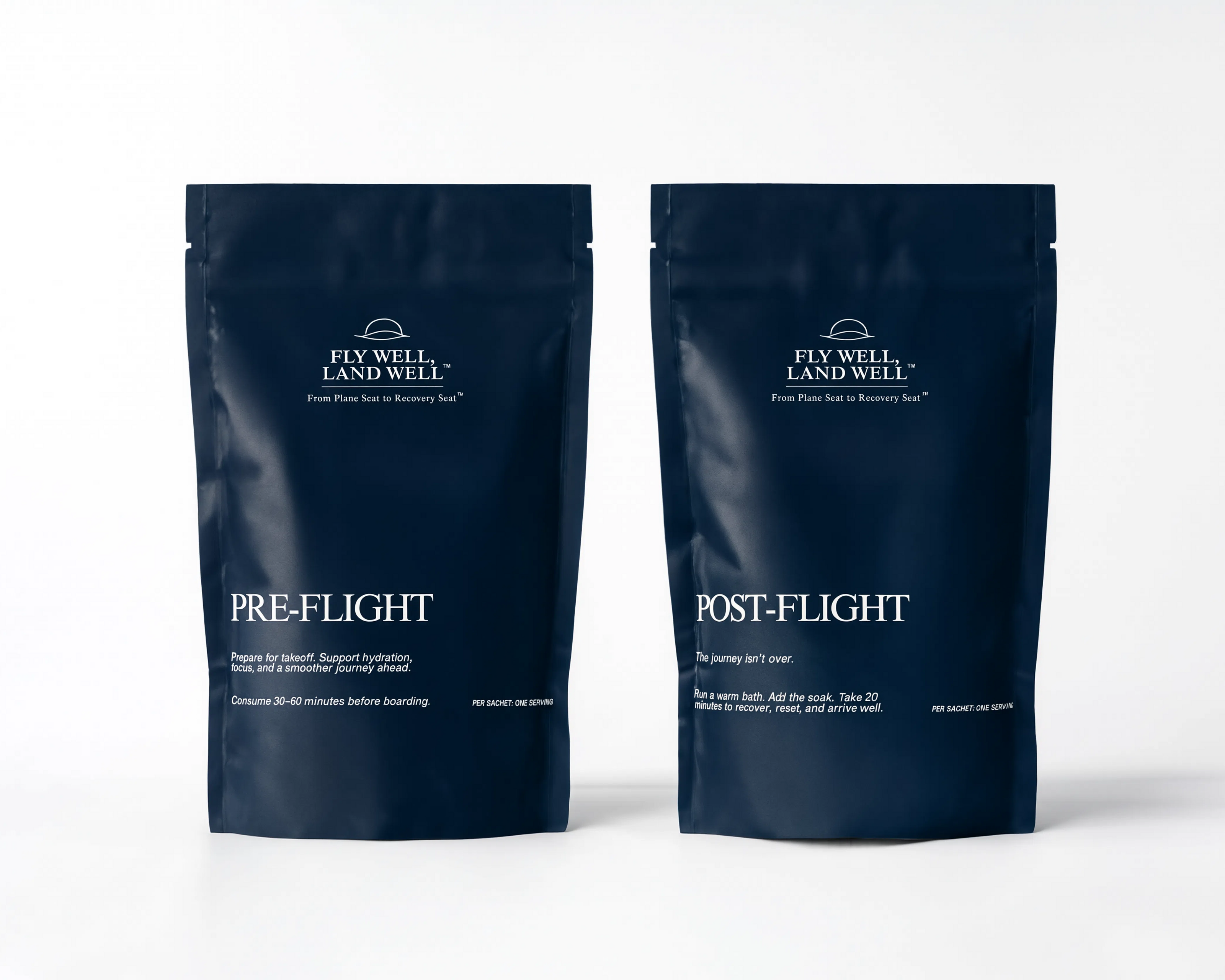 Two dark navy blue stand-up pouches labeled 'Fly Well Land Well' with 'PRE-FLIGHT' and 'POST-FLIGHT' text, shown on a clean white background.