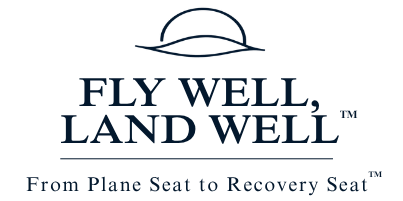 Fly Well, Land Well logo on a white background, with a simple dark blue line illustration above the text and the tagline 'From Plane Seat to Recovery Seat' below.